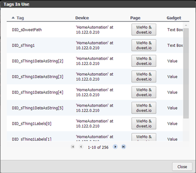 groov Tags in Use dialog box, sorted by tag name