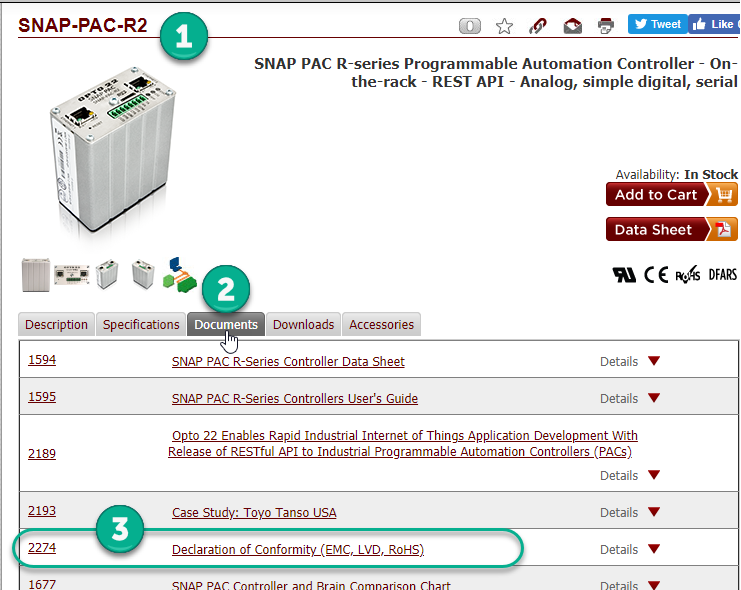 SNAP-PAC-R2 product page on Opto 22 website, showing Declarations of Conformity SNAP-PAC-R2 product page on Opto 22 website, showing Declarations of Conformity