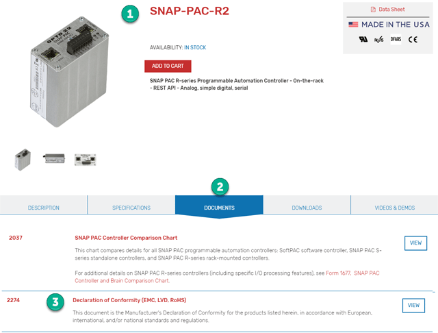 SNAP-PAC-R2 product page on preview Opto 22 website, showing Declarations of Conformity