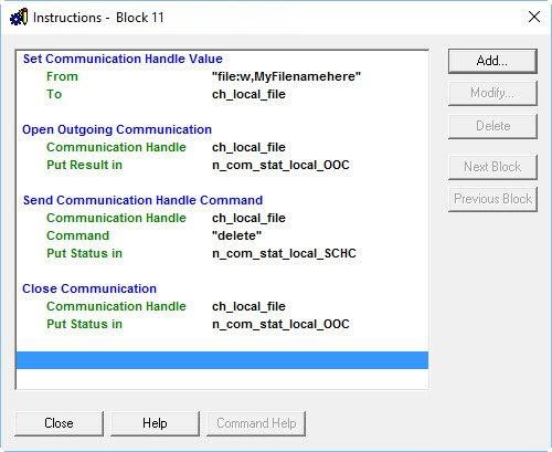 Opto 22 PAC Control flowchart block instructions to delete a file