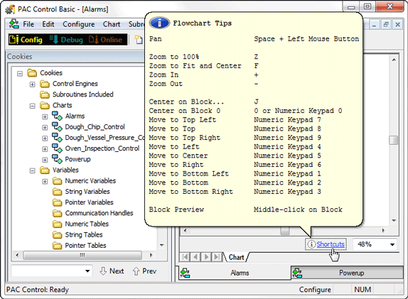 PAC Control shortcuts list