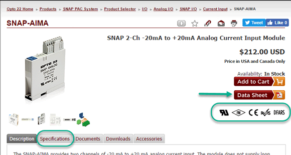 Find agency approval symbols on an Opto 22 website product page